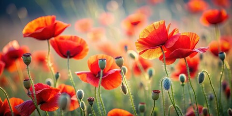 Fototapeta premium A field of red poppies swaying gently in the breeze, their delicate petals unfolding like tiny wings, red, colors, red