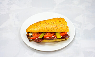 Meat Chicken Doner, between bread (Turkish Name : ekmek arasi et doner, tavuk doner, Gobit ekmek arasi, Turk kebabi)