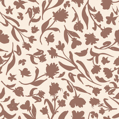 Mocha mousse brown, florals with leaves seamless repeat pattern. Random placed, vector botany aop, all over surface print on beige background.