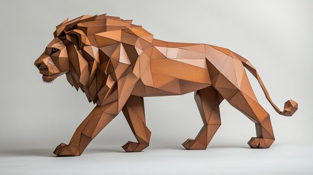 A stylized, low-poly lion sculpture, crafted from multiple triangles, is positioned in a walking pose against a plain background.