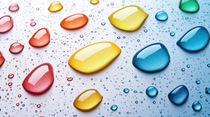 Colorful Water Droplets on a Surface Reflecting Light in Various Shades, Showcasing the Beauty of Refraction and Natural Patterns in Nature&rsquo;s Design