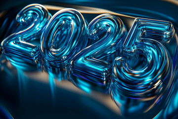 Shiny blue 2025 numerals on dark reflective surface.