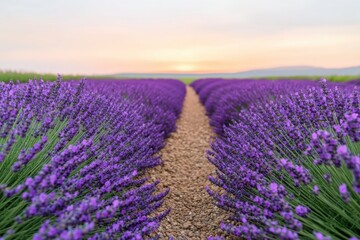 Obraz premium A serene view of lavender fields at sunset, showcasing vibrant purple flowers and a calming atmosphere.
