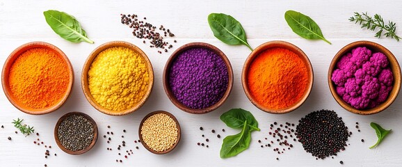 Naklejka premium Colorful spices and herbs in bowls on white background.