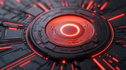 Abstract futuristic design featuring vibrant red circular patterns intertwined with complex digital circuitry showcasing audio-visual processing and user interface elements