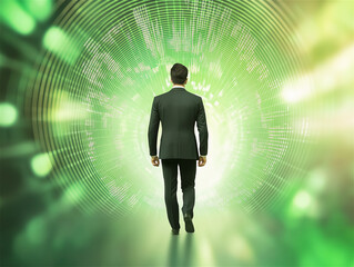 A man walking towards a glowing green vortex of technology and data, symbolizing progress, innovation, and the exploration of a futuristic digital world.