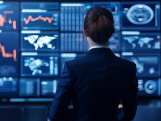 Business Executive Analyzing Financial Data in a Modern Meeting Room with Advanced Technology and Graphical Displays for Strategic Decision-Making