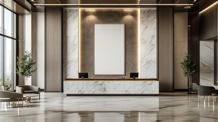 Modern luxury office reception interior with marble floor, counter, seating area, and blank vertical canvas display on the wall. 3D Rendering, 8k Resolution