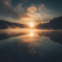 Obraz premium Sunrise over calm lake with fog.
