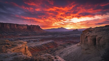 Stunning sunset over a vast canyon landscape with vibrant orange and purple skies at dusk