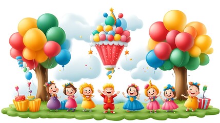Obraz premium Happy children celebrating with balloons and party favors.