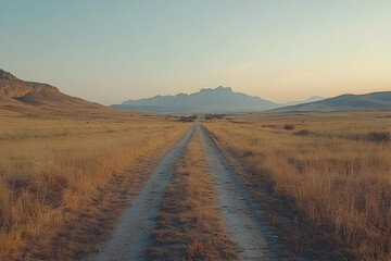 Naklejka premium Serene sunset view of a long dirt road disappearing into a vast, dry grassland with distant mountains under a pale sky.