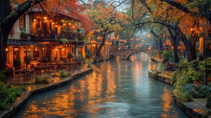 Romantic river scene at night, autumn leaves, rain, lights, bridge, buildings, people dining.