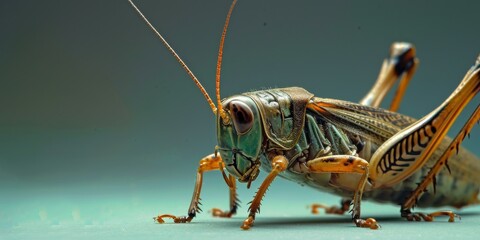 Fototapeta premium Stunning close-up of a vibrant grasshopper, showcasing intricate details and textures. Perfect for nature, insect, and wildlife projects.