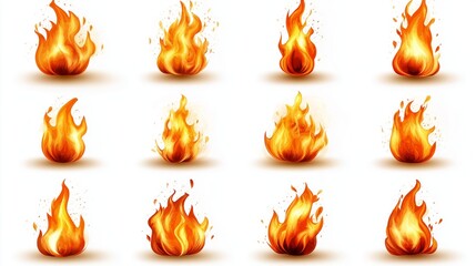 Set of illustrated fire flames with glowing effects on a white background