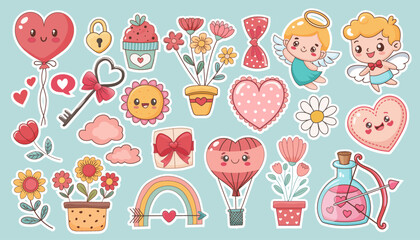 Set of cute stickers for valentine's day, love, cupid, hearts. Vector graphics.