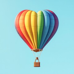 Naklejka premium Rainbow heart-shaped hot air balloon floating against a light blue sky.
