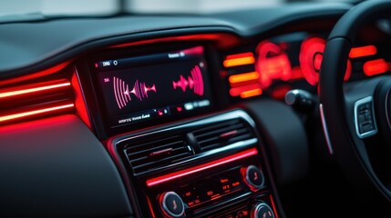 Obraz premium Detailed Close-Up of a Modern Car Dashboard Featuring AI Technology and Voice Recognition Interface with Vibrant Red Lighting Effects