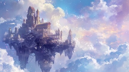 Enchanted floating castle amidst pastel skies, perfect for fantasy, fairytale, dreamlike, magical, and ethereal themes. Ideal for book covers, game art, and more.