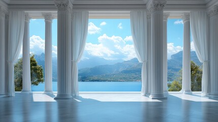 Fototapeta premium Sunlit classical colonnade with ocean view.
