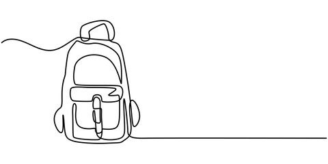One continuous line illustration of a backpack, isolated on white background, Continuous one line drawing backpack. Camping backpack vector hand drawn silhouette clipart. Sketch isolated on white.