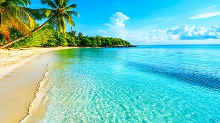 Fototapeta premium A beautiful beach with crystal-clear water and palm trees.
