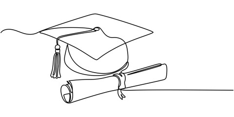 Graduation cap and scroll. Continuous line drawing, One continuous line drawing of graduation hat, certificate, and graduation letter paper roll. Academical graduation hat equipment element icon.