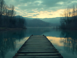 Fototapeta premium Serene sunrise over calm lake, wooden dock extending into still water, misty mountains in background.