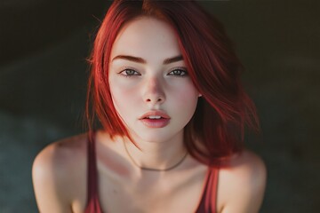 Fototapeta premium Beautiful young female model with smooth skin, slim figure, and red hair wearing a tank top, gazing at the camera in natural light. The portrait features soft shadows and a shallow depth of field.