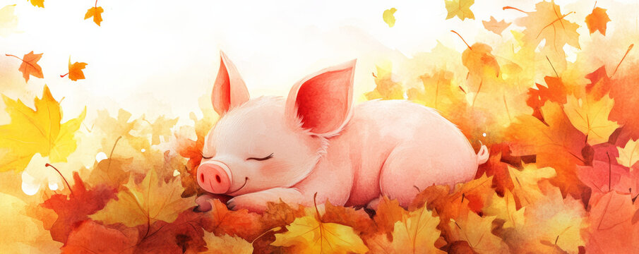 piglet peacefully napping under blanket of vibrant autumn leaves, surrounded by warm hues of orange, yellow, and red, creating cozy and serene atmosphere
