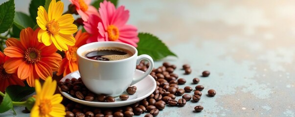 A cup of steaming hot coffee rests among colorful flowers and coffee beans, fresh, cup