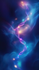 A vibrant display of swirling colors and luminous strands, suggesting a cosmic or molecular theme in a deep blue backdrop.