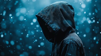 Naklejka premium Hooded figure in shadows symbolizing cybercrime and hacking