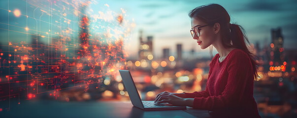 Warehouse worker sits at laptop. Girl manager collects orders. Logistics. Computer technologies in trade and business.