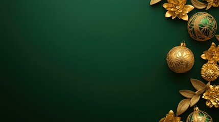 Stylized ethnic golden Christmas decorations on a green background with space for text in the center, perfect for New Year and Christmas greeting card designs and holiday celebrations.