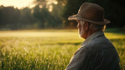 Old Man in a Hat Enjoying a Peaceful Morning in a Sunlit Field