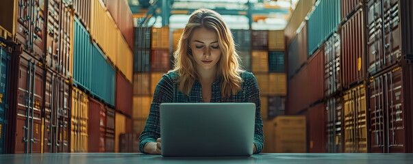 Warehouse worker sits at laptop. Girl manager collects orders. Logistics. Computer technologies in trade and business.