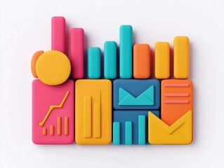 Obraz premium Colorful Icons in Stacked Circular Arrangement Illustrating Data Bars, Graphs, and Communication Elements for Creative Projects and Design Needs