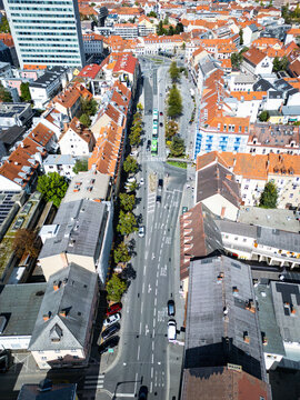 City of Graz from the air. Aerial view of the quare Griesplatz in the Gries district.