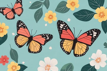 Colorful butterflies amongst vibrant flowers create a joyful and lively illustration evoking nature's beauty and harmony.