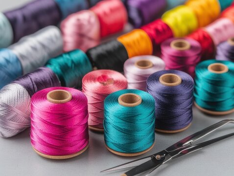 Colorful spools of thread arranged neatly with scissors, ideal for sewing enthusiasts seeking inspiration and vibrant materials.