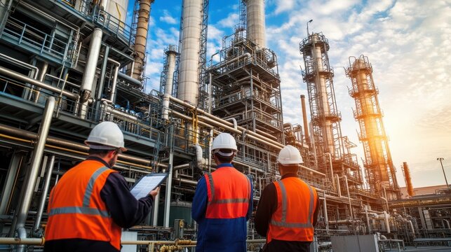 Engineers ensure the safe operation of cooling towers in a petrochemical plant, performing tests on airflow and vapor release.