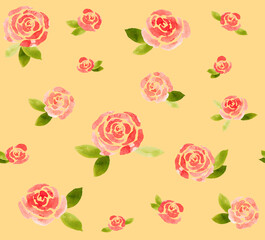 Floral pattern with pink roses on a light yellow background creating a cheerful atmosphere for spring