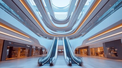 Modern shopping mall interior with escalators.