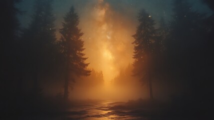 Obraz premium Mystical forest path at twilight, glowing fog.