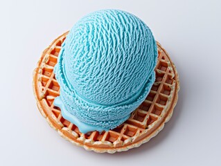 Blue Ice Cream Scoop on a Round Waffle Cone, Perfect for Summer Treats and Desserts, with a Texture That Invites You to Indulge