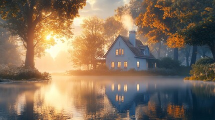 Fototapeta premium Sunrise over tranquil autumnal lake with cozy house.
