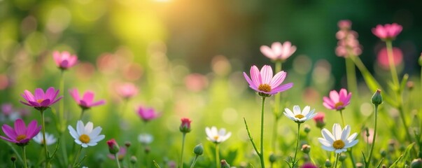 Fototapeta premium Delicate wildflowers swaying in a soft breeze, garden, florals
