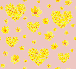 Colorful floral pattern with yellow hearts and blossoms on a soft pink background