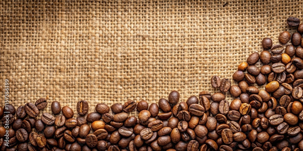 Wall mural Coffee beans lying on rustic sackcloth , roasted, caffeine, aroma, organic, morning, beverage, dark, background, texture, natural